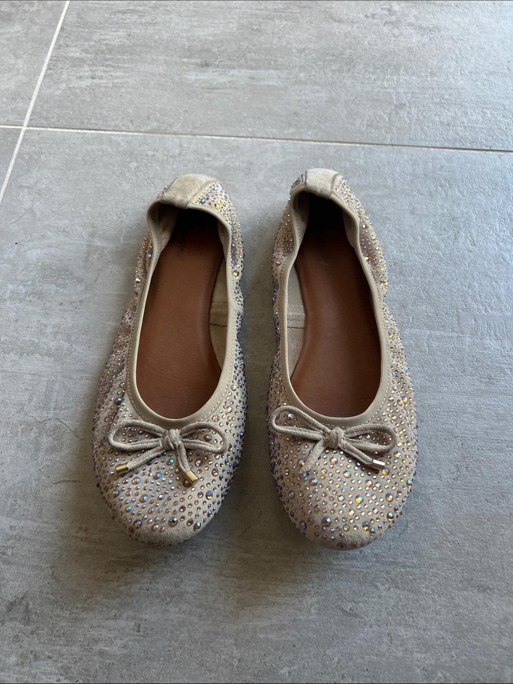 Crystal-Embellished Suede Ballet Flats in Beige